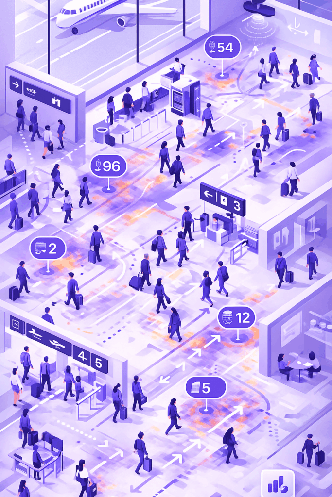 Ilustração vetorial mostrando fluxo de pessoas em aeroportos com sensores IoT e indicadores de movimento.