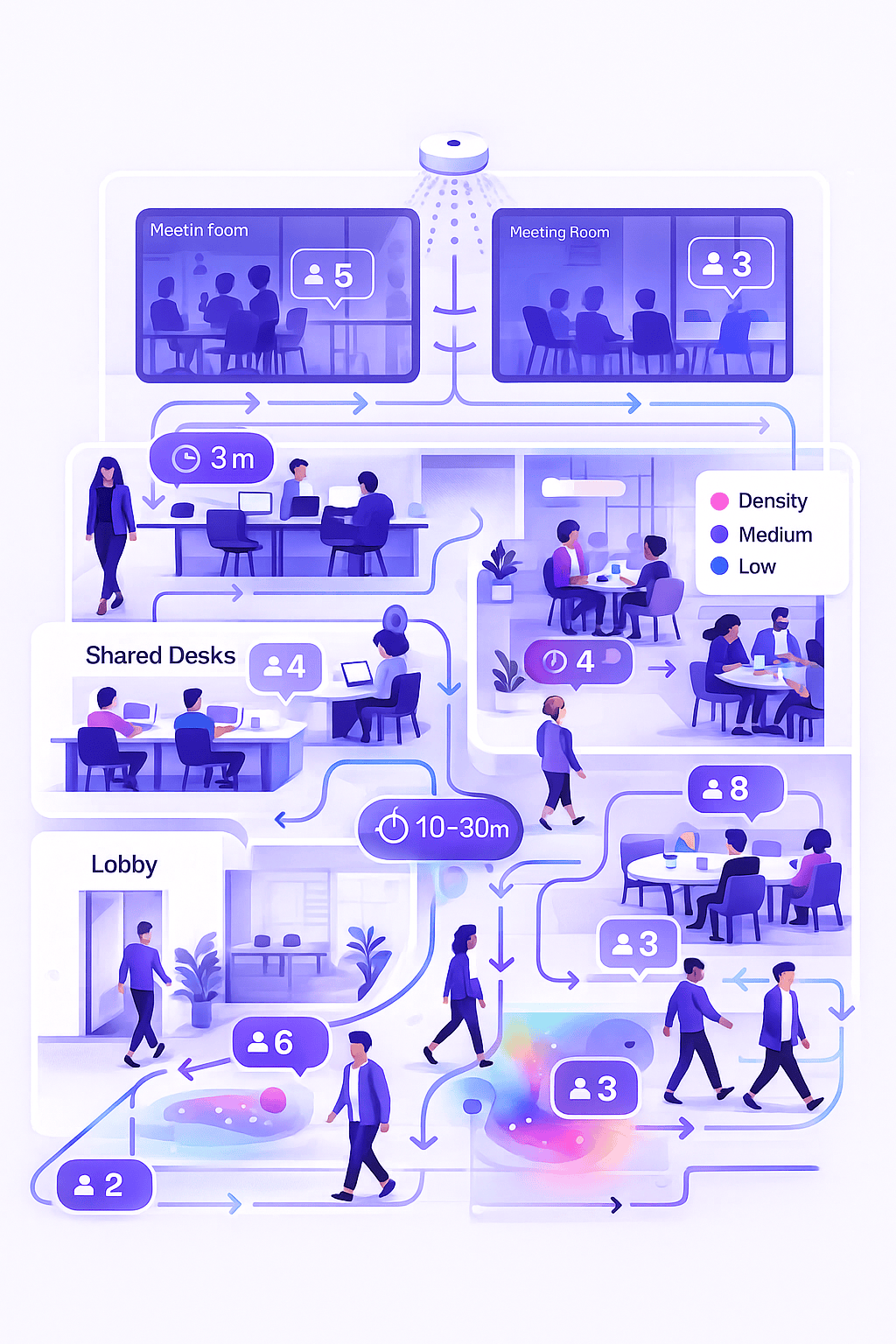 Ilustração vetorial mostrando fluxo de pessoas e ocupação em escritórios híbridos com dashboards e sensores IoT.