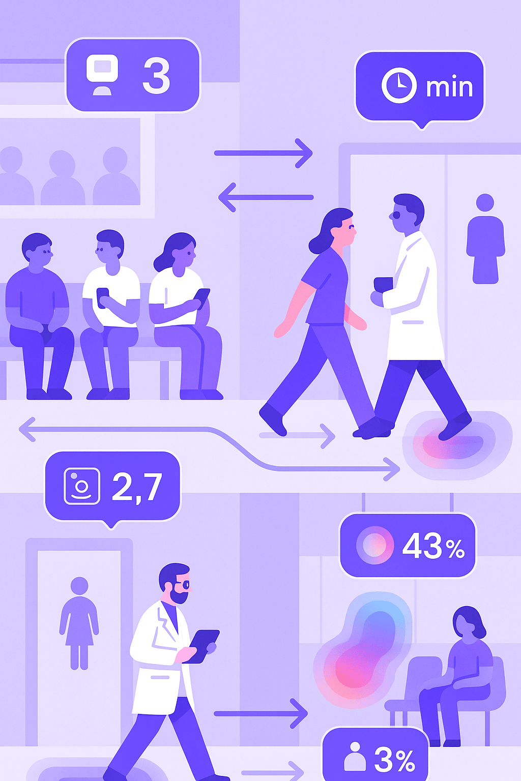 Ilustração de hospital com análise de fluxo de pessoas, ocupação e sensores IoT