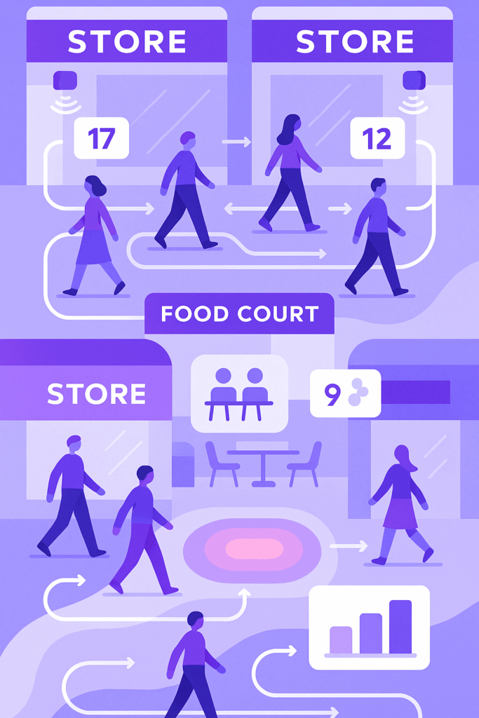 Ilustração vetorial de shopping center com heatmaps, rotas e sensores IoT mostrando fluxo de pessoas.