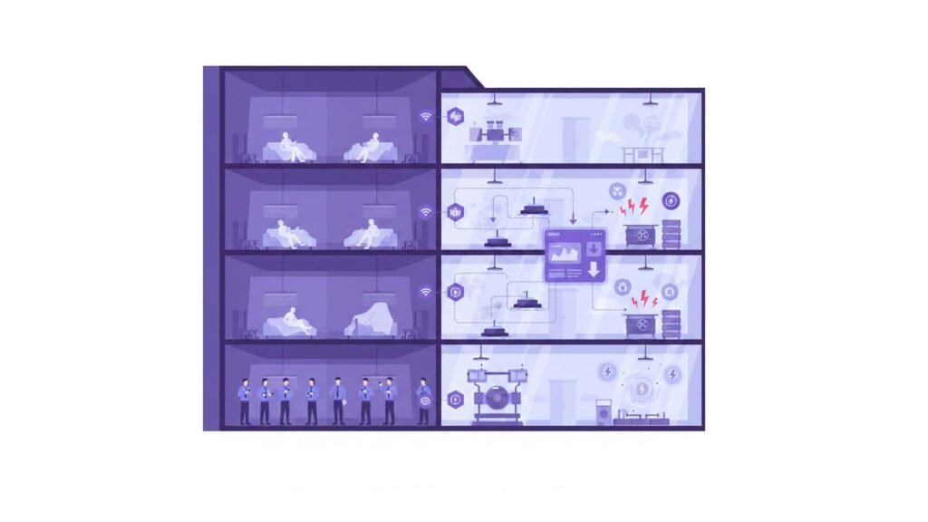 Ilustração moderna mostrando desperdícios e custos ocultos em Facilities com insights IoT.
