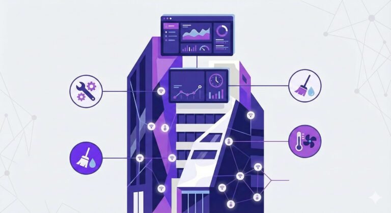 Ilustração vetorial mostrando facility inteligente com sensores e dashboards de redução de custos.
