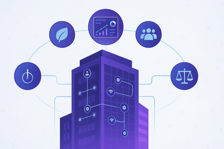 Capa do artigo mostrando indicadores ESG aplicados à gestão de Facilities com sensores IoT e métricas de sustentabilidade.