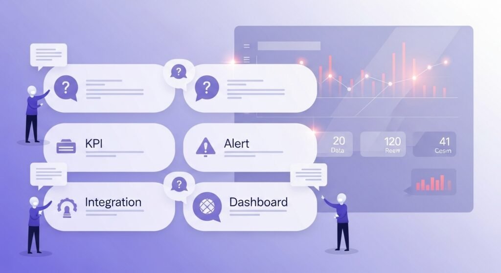 Cards de FAQ sobre smart data em Facilities com ícones de dados, KPIs, alertas e integração.