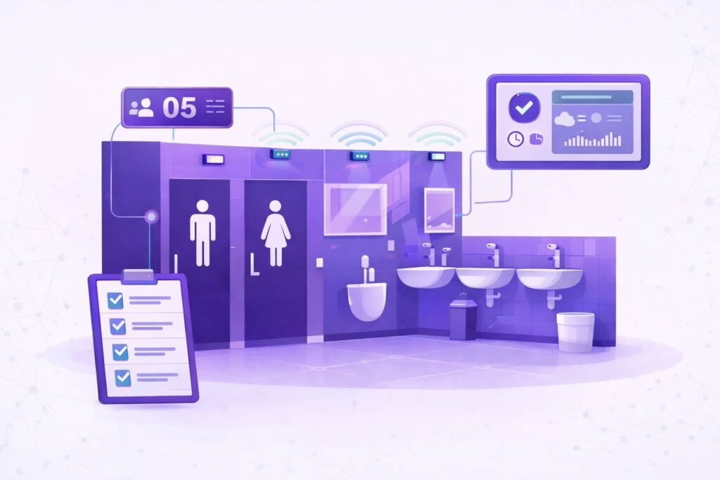Ilustração de limpeza por demanda banheiros com sensores IoT e chamado automático para equipe de facilities.