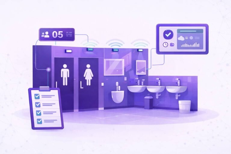 Ilustração de limpeza por demanda banheiros com sensores IoT e chamado automático para equipe de facilities.