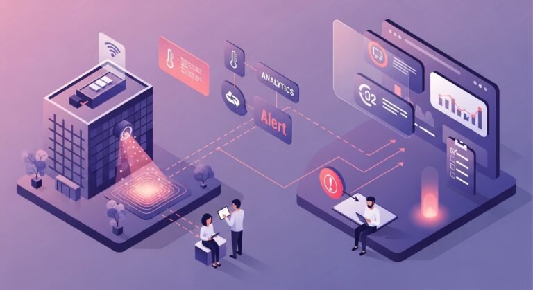 Ilustração de smart data em Facilities conectando sensores IoT a dashboards e alertas operacionais.