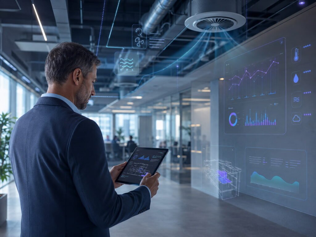 Profissional de facilities monitora sistema HVAC e indicadores de climatização em ambiente corporativo moderno.