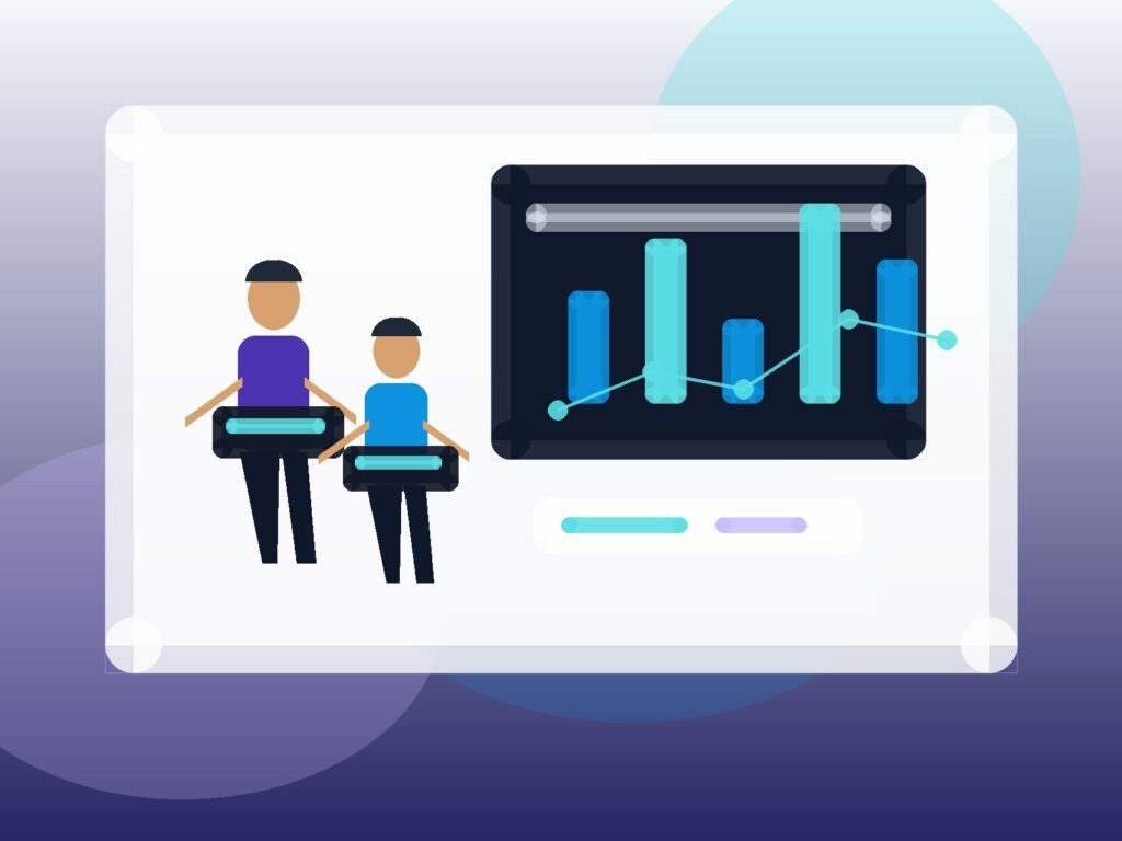 Consultores EVOLV conversam com cliente em sala moderna com dashboards de facilities ao fundo.