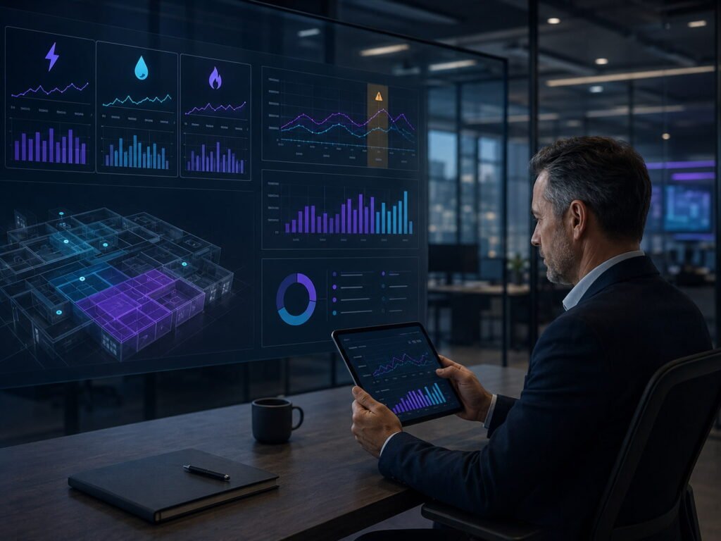 Gestor analisa dashboard de energia, água e gás em ambiente corporativo para controlar consumo e identificar desvios.