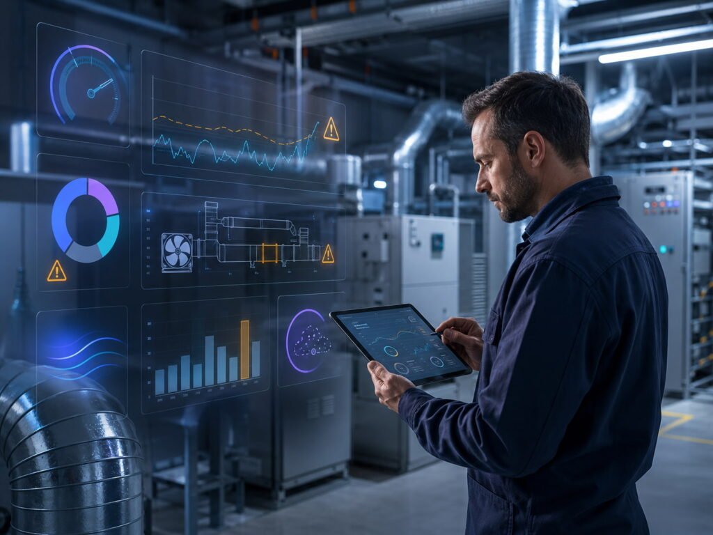 Profissional avalia ineficiência de sistema HVAC por meio de dados operacionais e controle técnico.
