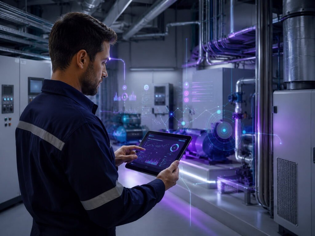 Profissional de manutenção predial monitora equipamentos críticos por tablet com dados de sensores IoT.