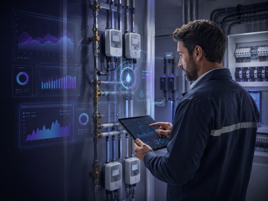 Profissional monitora consumo de energia, água e gás por meio de dashboard em ambiente técnico moderno.