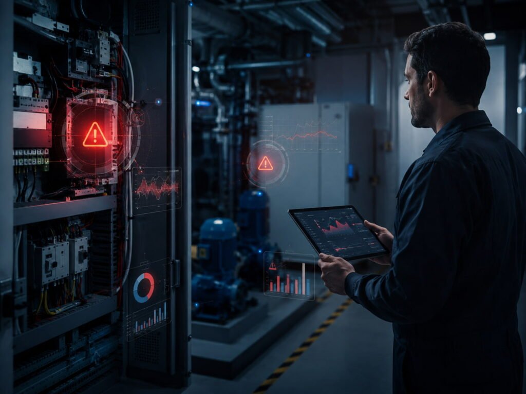 Profissional de facilities avalia risco de parada não planejada em equipamento crítico monitorado por dados.